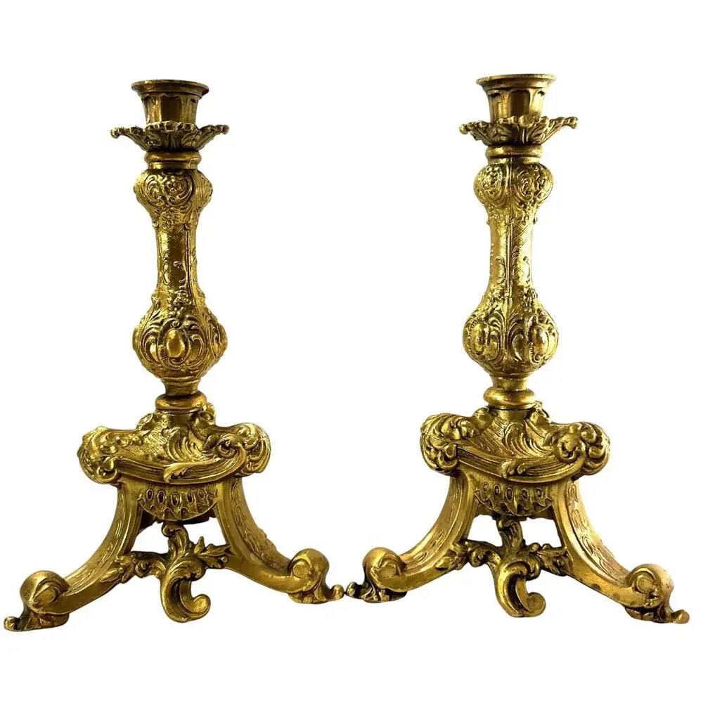 Vintage BWM Co Gold Tone Rococo Candlestick Holders Pair 10.25” Baroque 1002